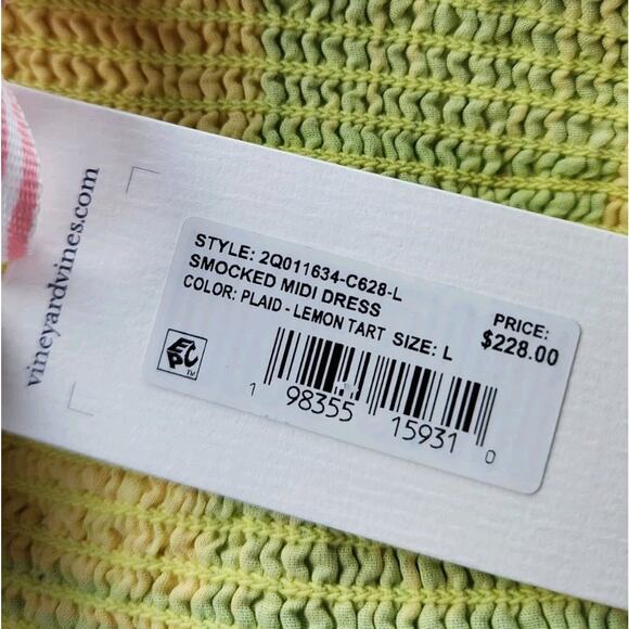 Vineyard Vines Plaid Lemon Tart Smocked Linen Ruffle Midi Dress Large NWT $228 - Picture 6 of 7